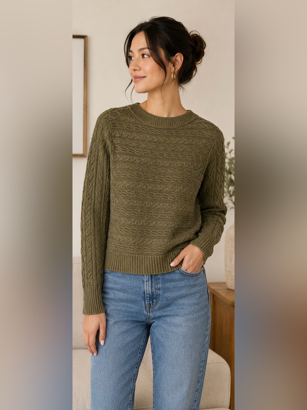 CHAPS Denim Cable Knit Linen Cotton Sweater Olive Green Small